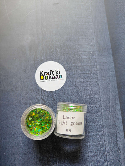 Shimmer Glitter - Laser light green (#9) open jar and sealed glitter pot