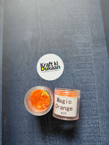 Shimmer glitter in Magic Orange, jar with label #29 visible