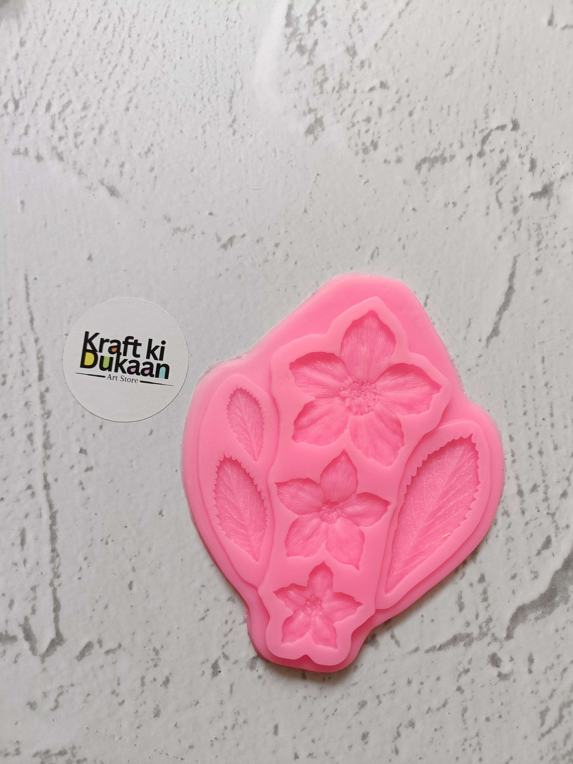 Pink flower & leaf mix 6-cavity mould, rosa silikonform med blomster og blade