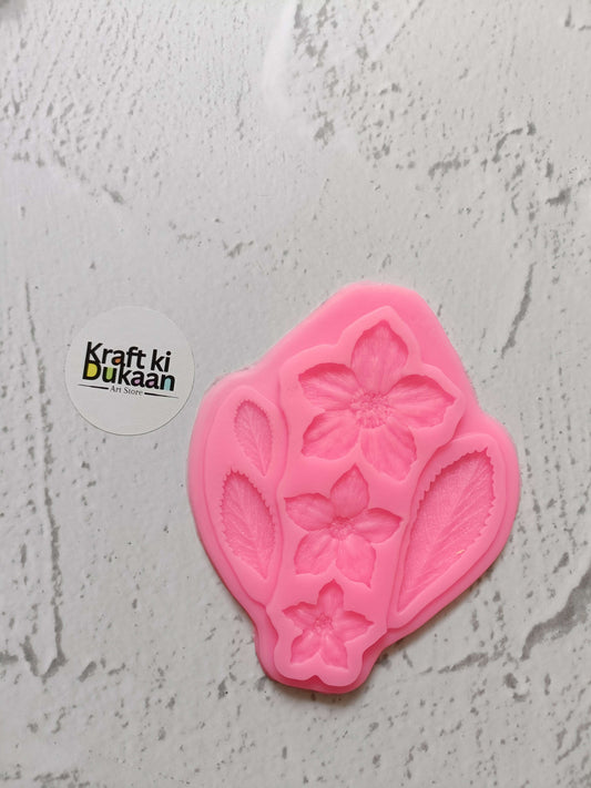 Pink flower & leaf mix 6-cavity mould, rosa silikonform med blomster og blade