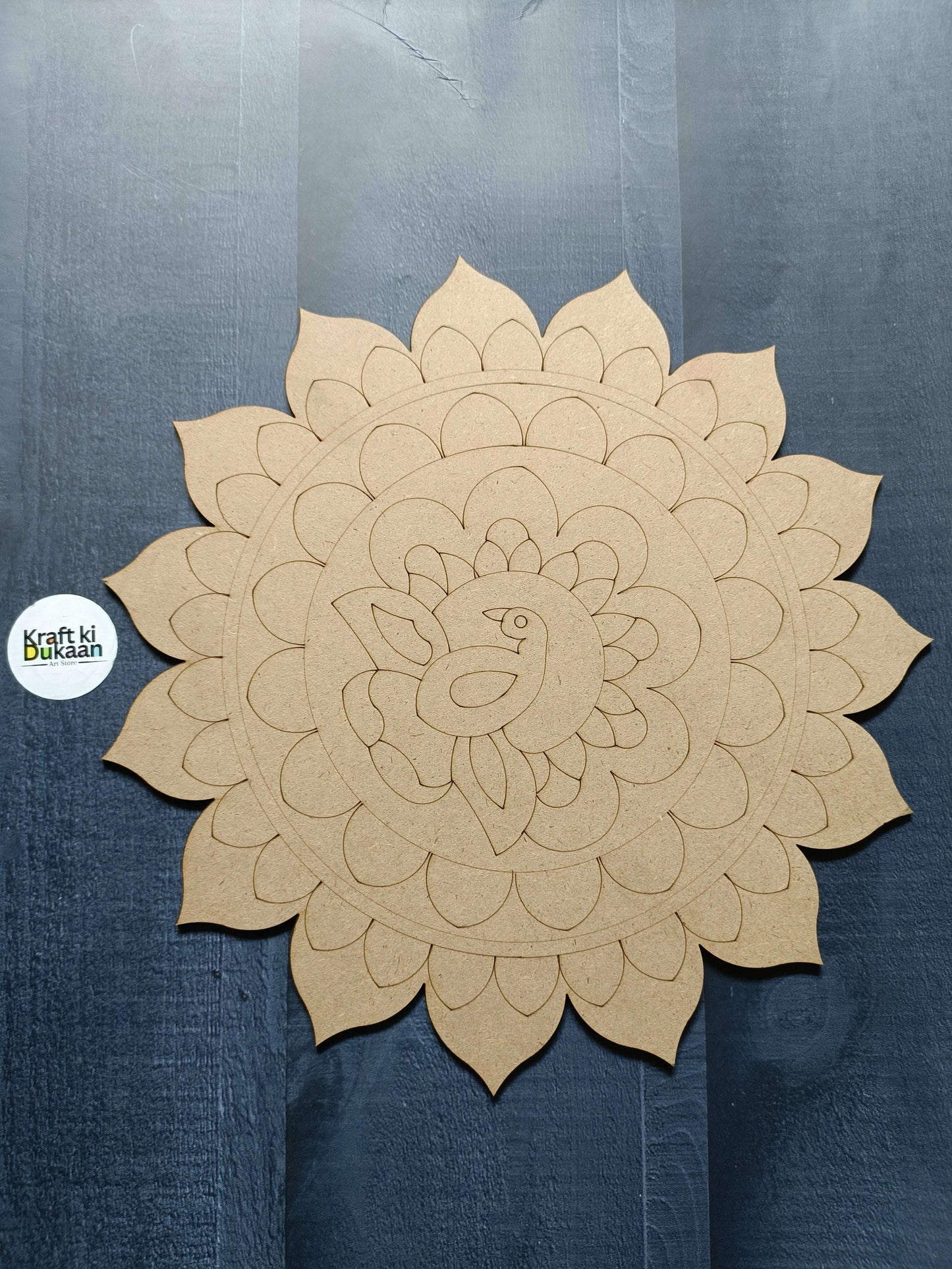 Engraved MDF circular mandala with layered petals and bird engraving, beige MDF A1