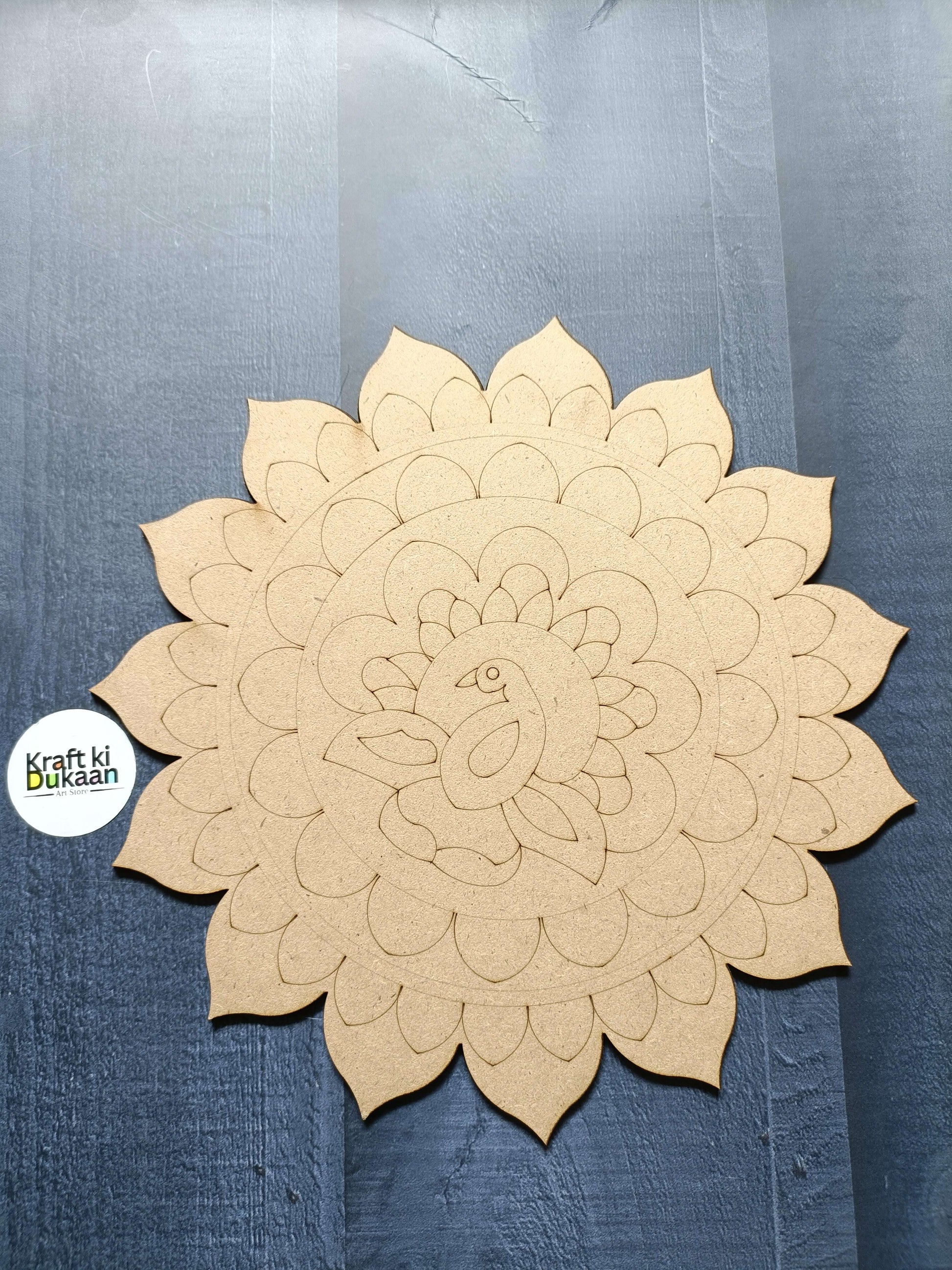 Engraved MDF floral mandala cutout with concentric petals and bird outline, beige