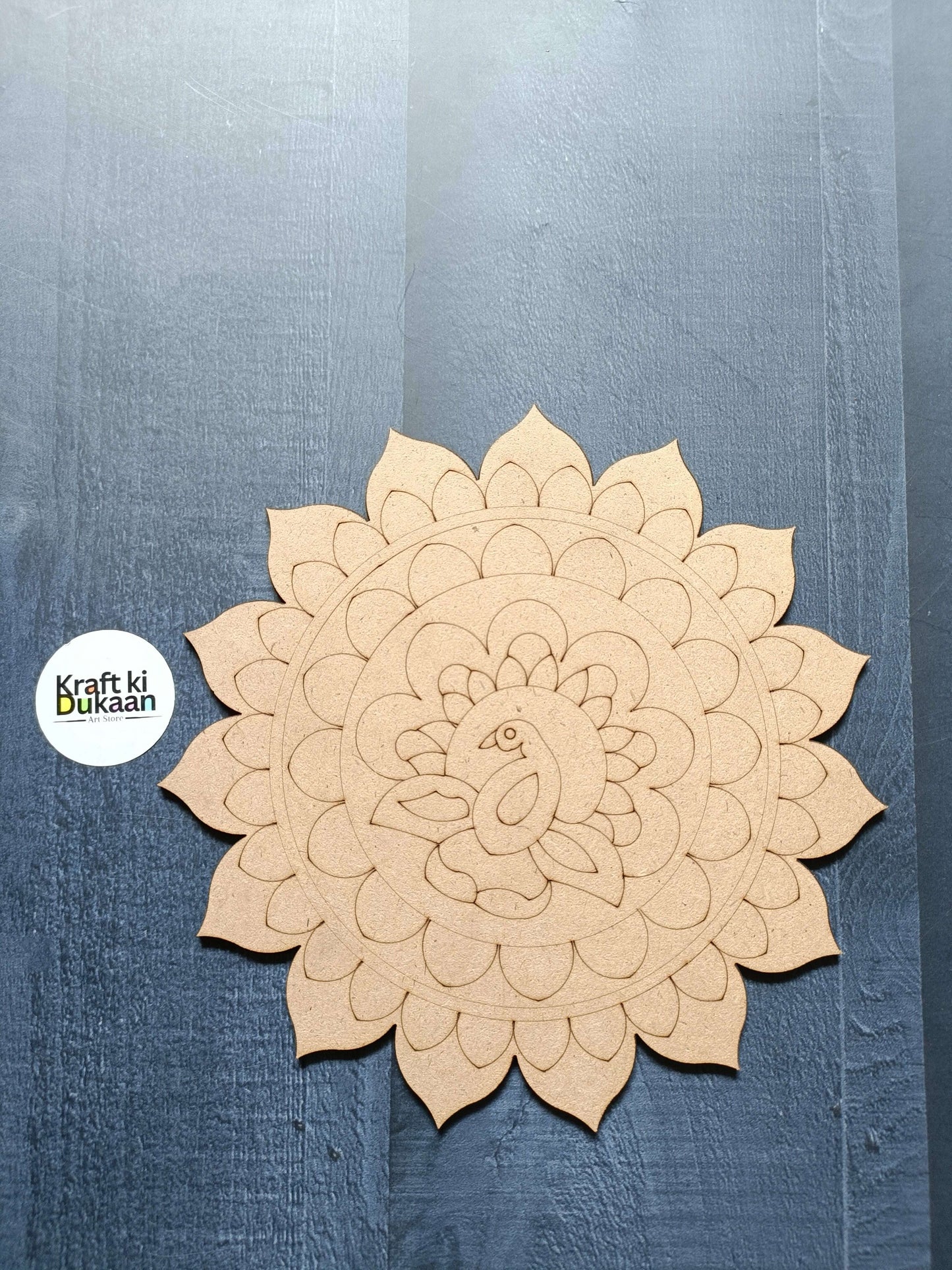 Engraved MDF floral mandala with stylized bird centerpiece, beige wood cutout A1