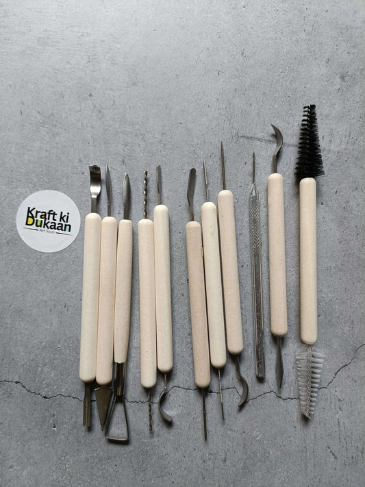 11PC clay sculpting tool set: metal carving tips and white handle brushes, 11 pieces