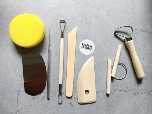 10PC clay sculpting tool set with sponge, wire loop, metal sculpting tips, wooden handles