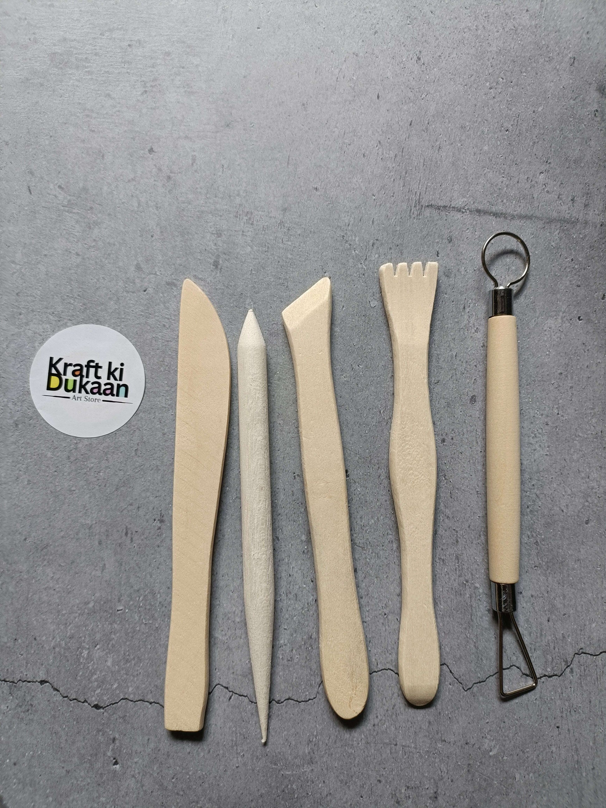5PC wooden clay tool set: sculpting sticks and one metal loop tool, beige handles
