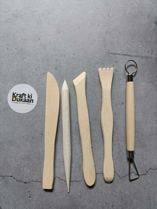 5PC wooden clay tool set: sculpting sticks and one metal loop tool, beige handles