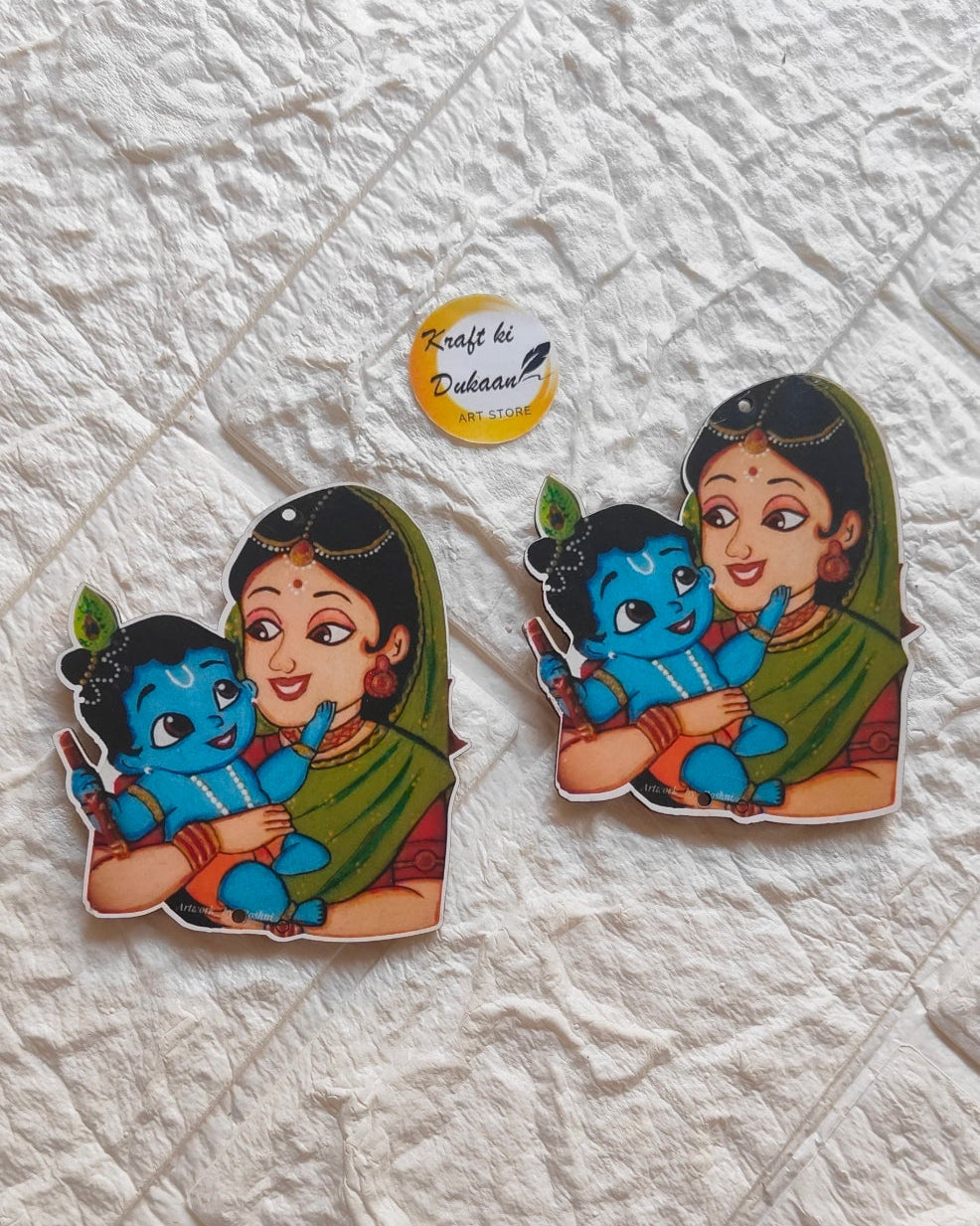 3-inch MDF craft shape of mother holding baby Krishna with traditional Indian attire by Kraft ki Dukaan
