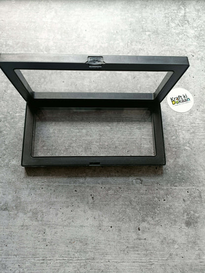 Black packing display box with clear window, hinged lid open, 18x9cm