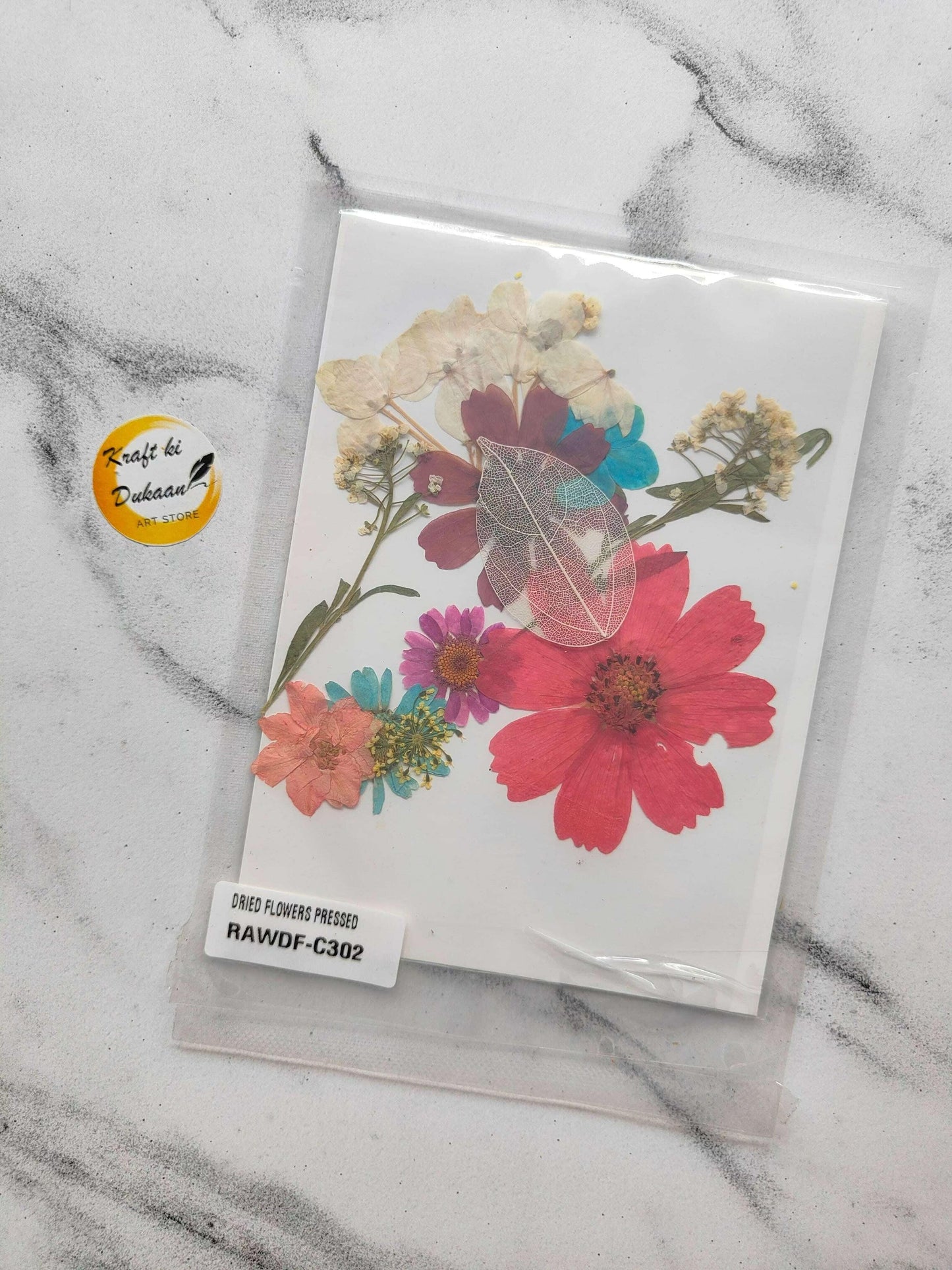 Pressed flower sheet mix F8 with layered pink, red, blue and purple pressed blossoms