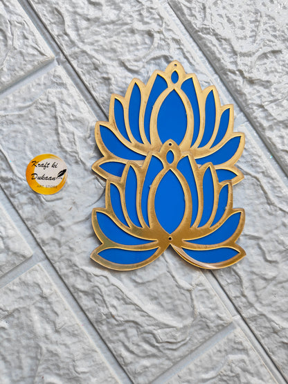Blue and gold acrylic lotus cutout wall decor by Kraft ki Dukaan on textured surface