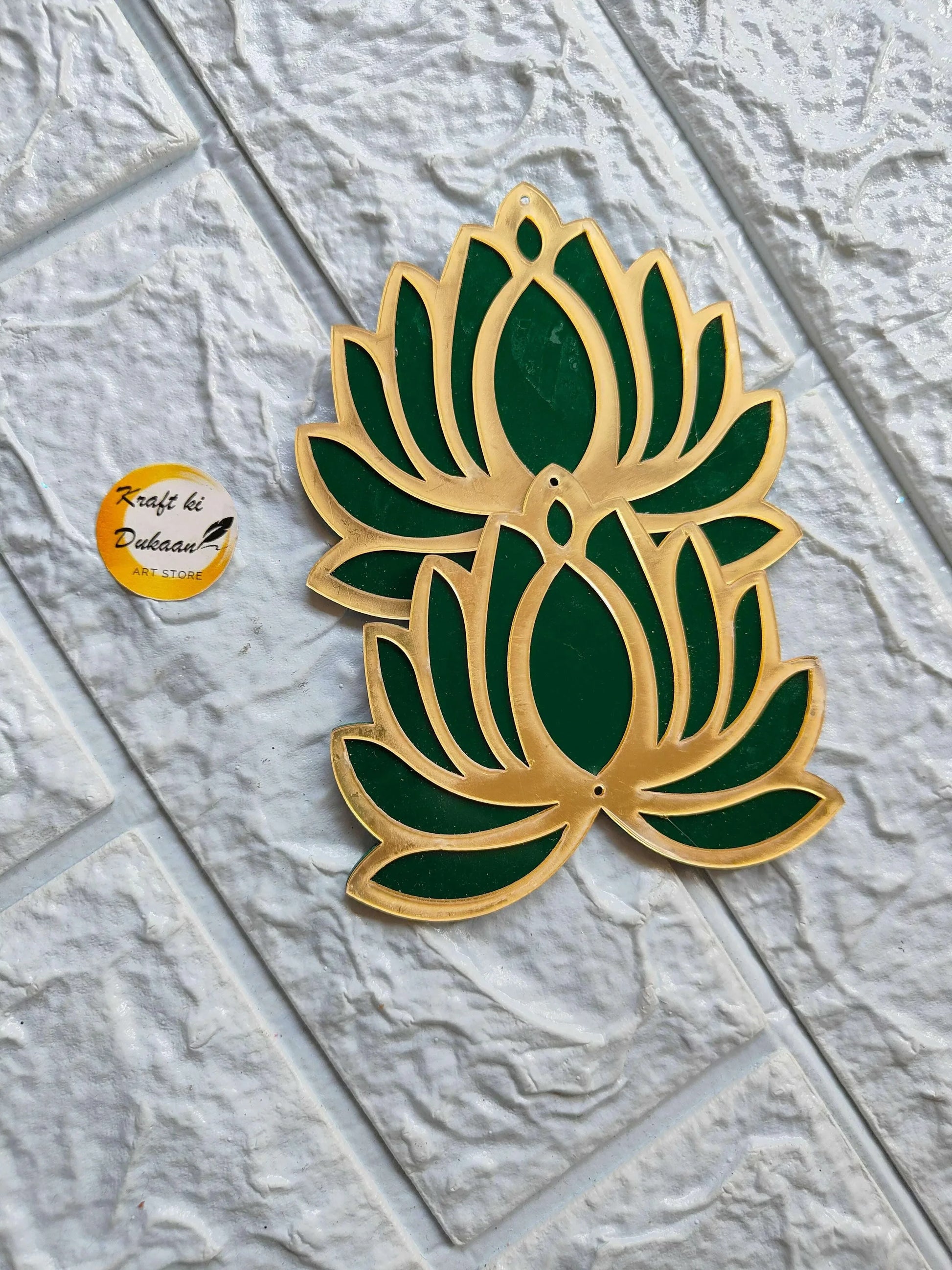 3-inch acrylic lotus flower cutout, double dark green flowers with gold outline