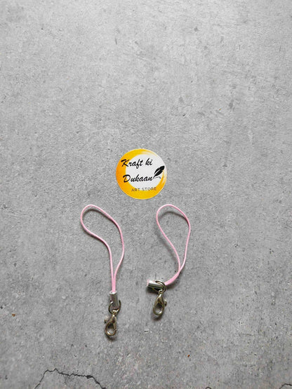 Pink rope keychains with lobster clasps, two loops and metal end clips.