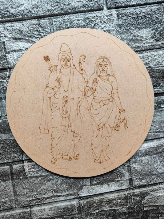 Lord Ram Sita pre-outlined MDF round decoration in natural wood color for crafting projects