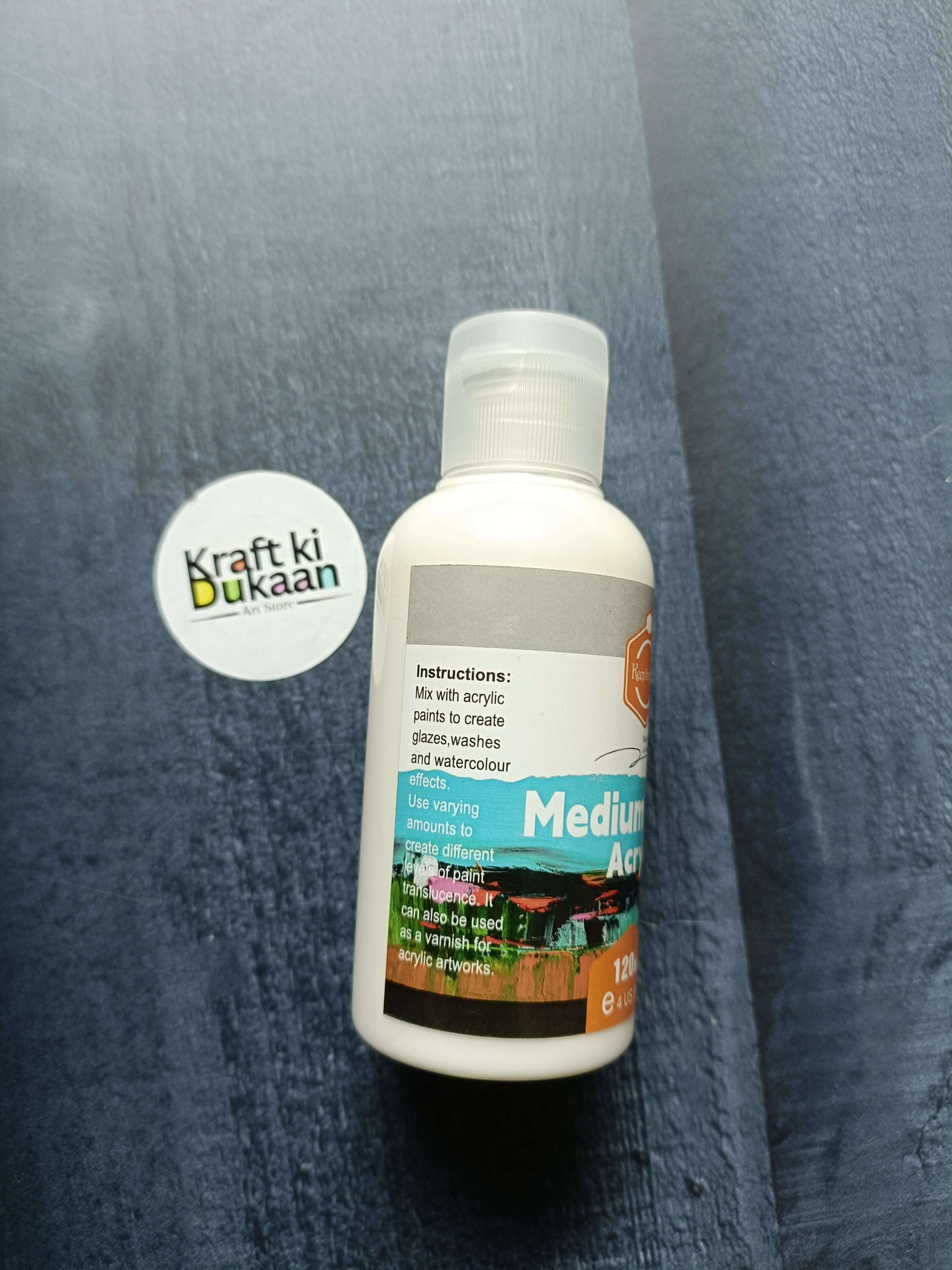 Acrylic Medium Matte 120ML bottle, back label with instructions text