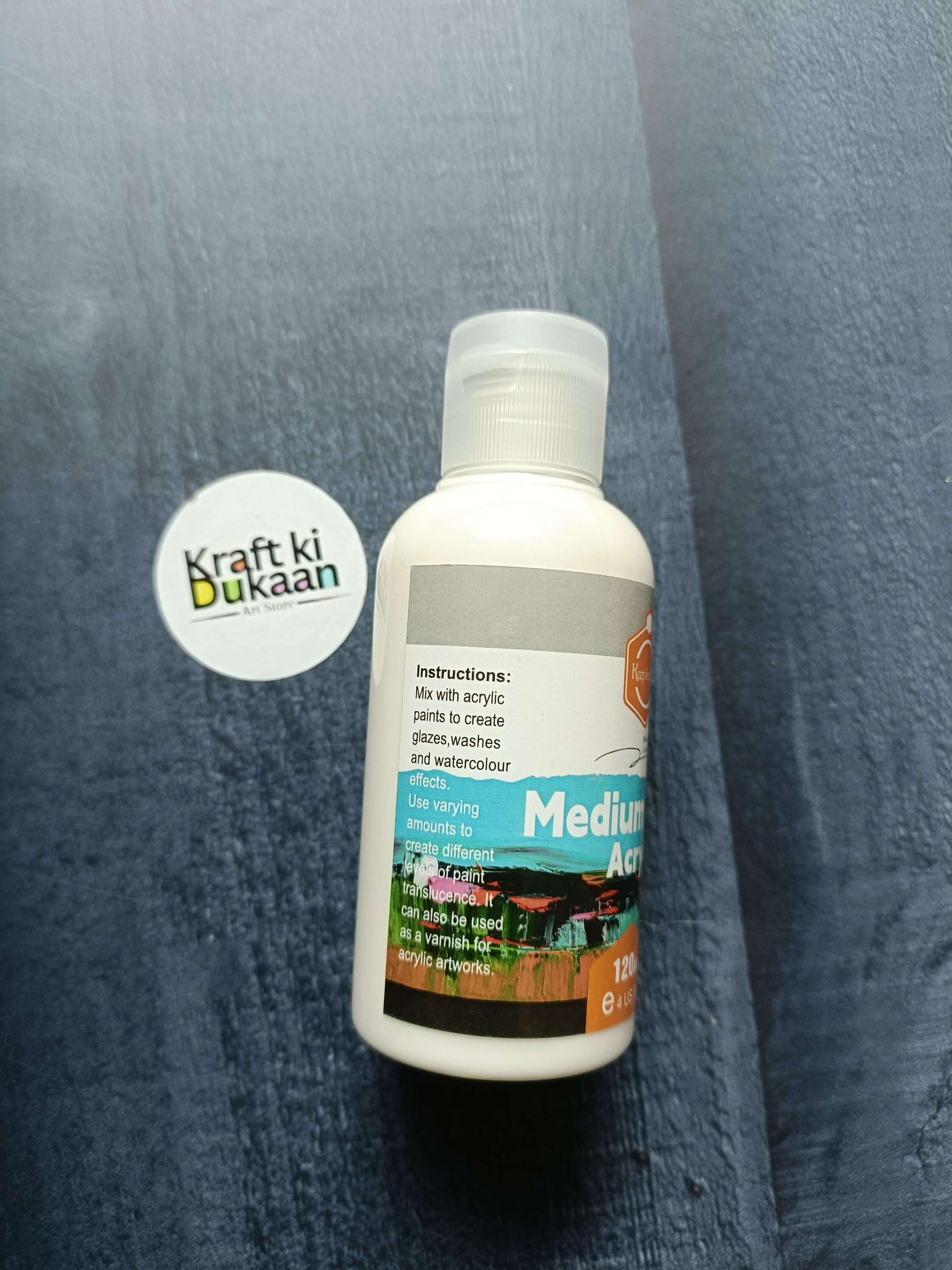 Acrylic Medium Matte 120ML bottle, back label with instructions text