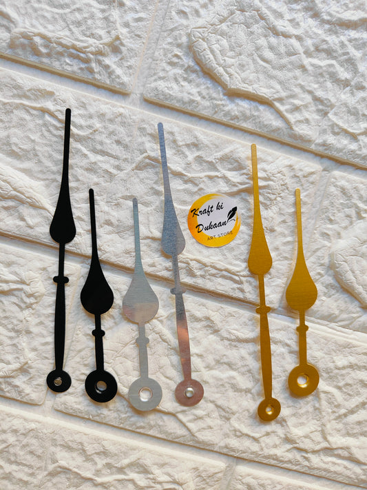 Set of metal clock hands for crafts in various colors, ideal for DIY clock projects