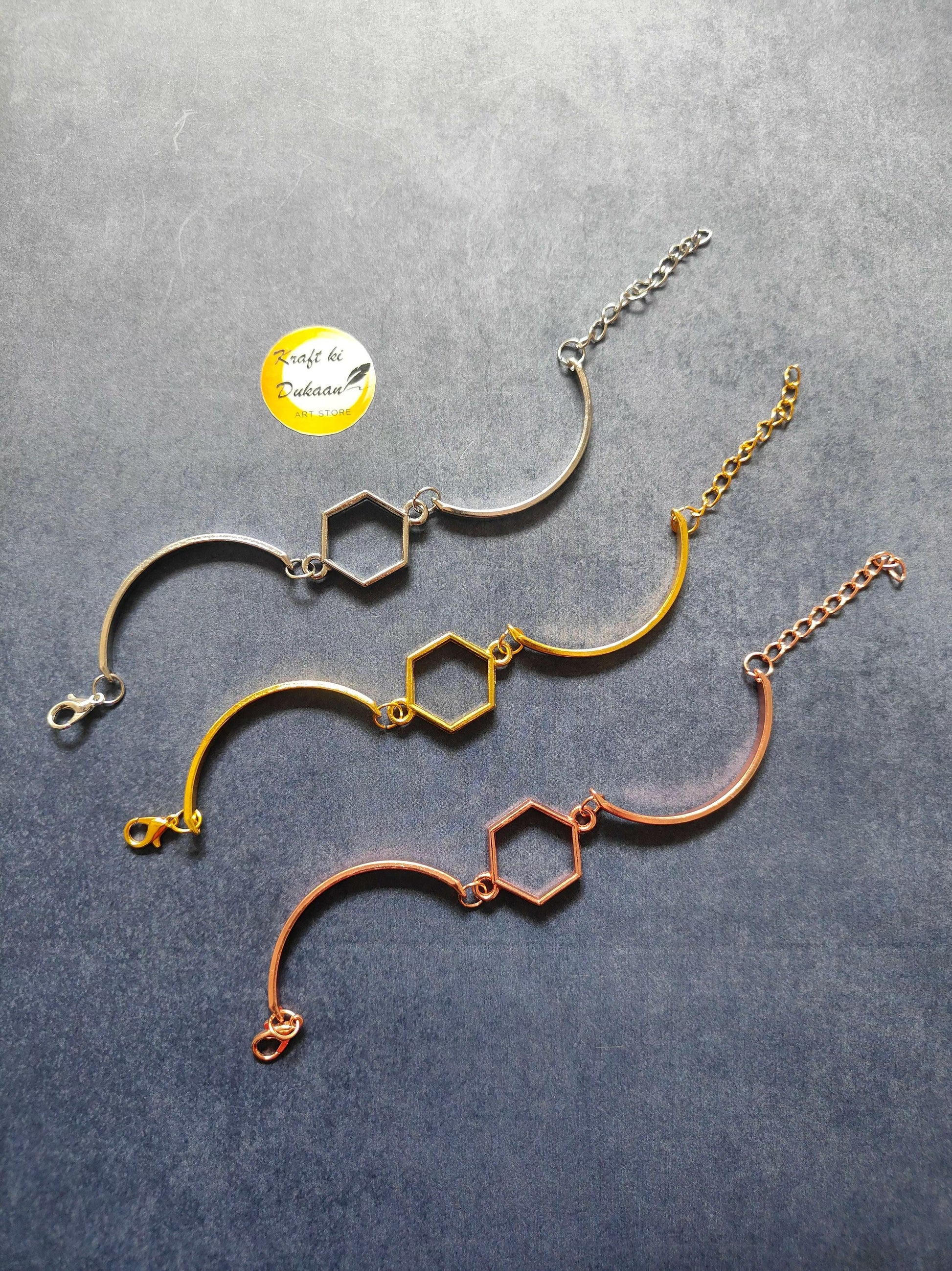 Metal bracelet with hexagon links, gold/rose gold/silver chain and clasp