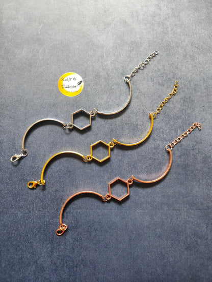 Metal bracelet with hexagon links, gold/rose gold/silver chain and clasp