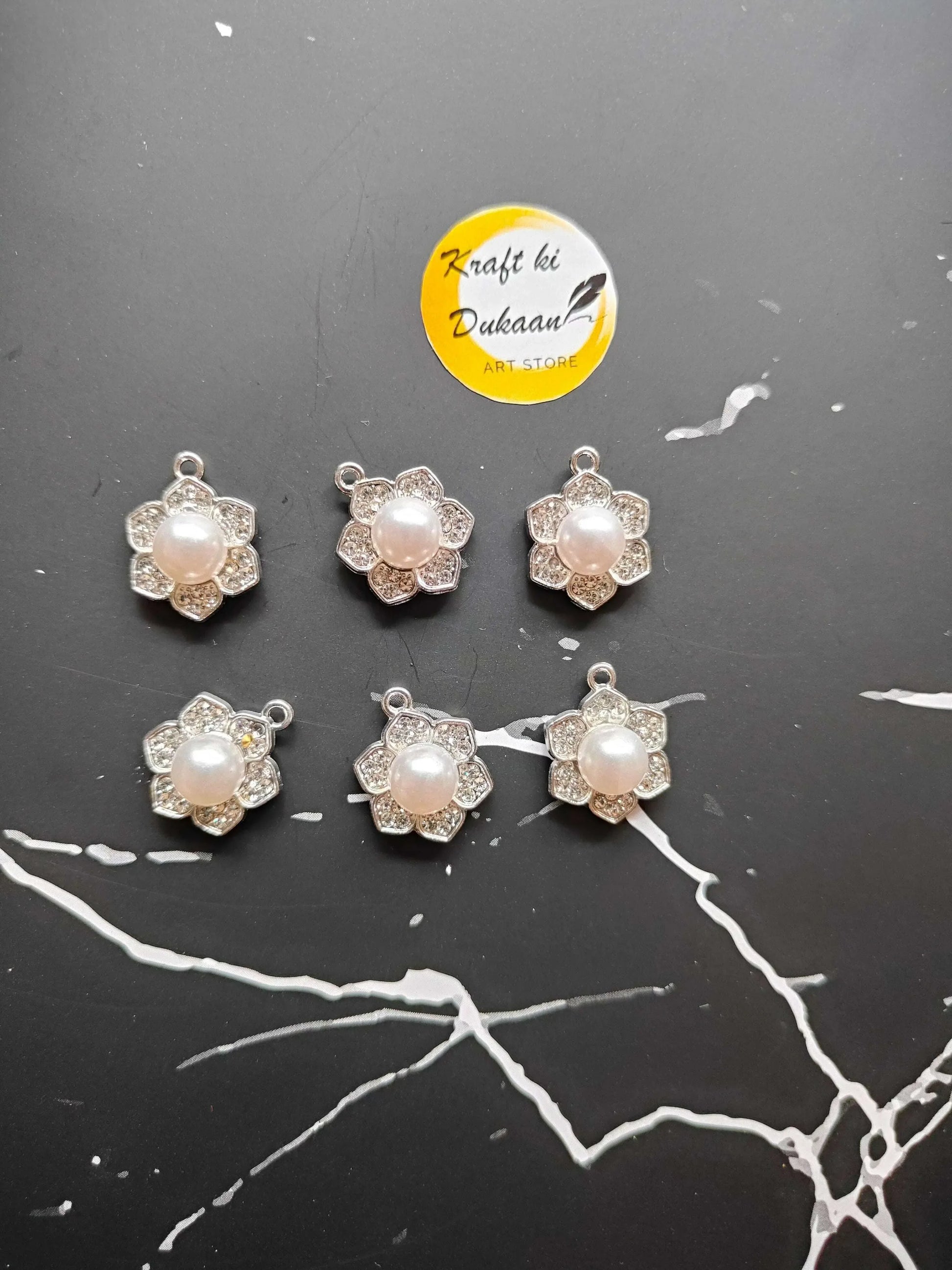 Metal pearl diamond flower pendant charms, silver-tone with round faux pearls (set)