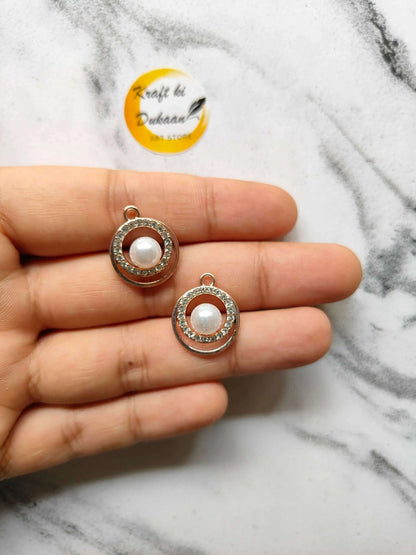 Silver pearl diamond pendant charm, round setting with loop