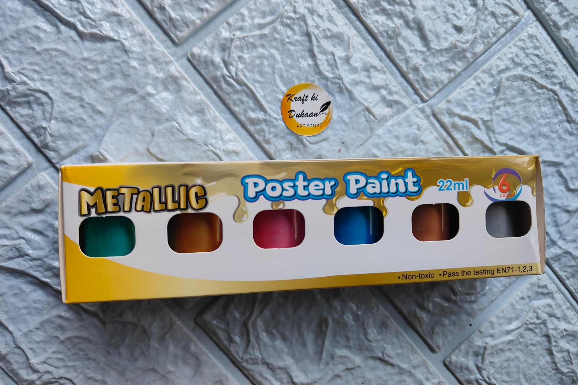 Kraft ki Dukaan metallic poster paint set of six vibrant colors in 22ml containers for colorful art projects
