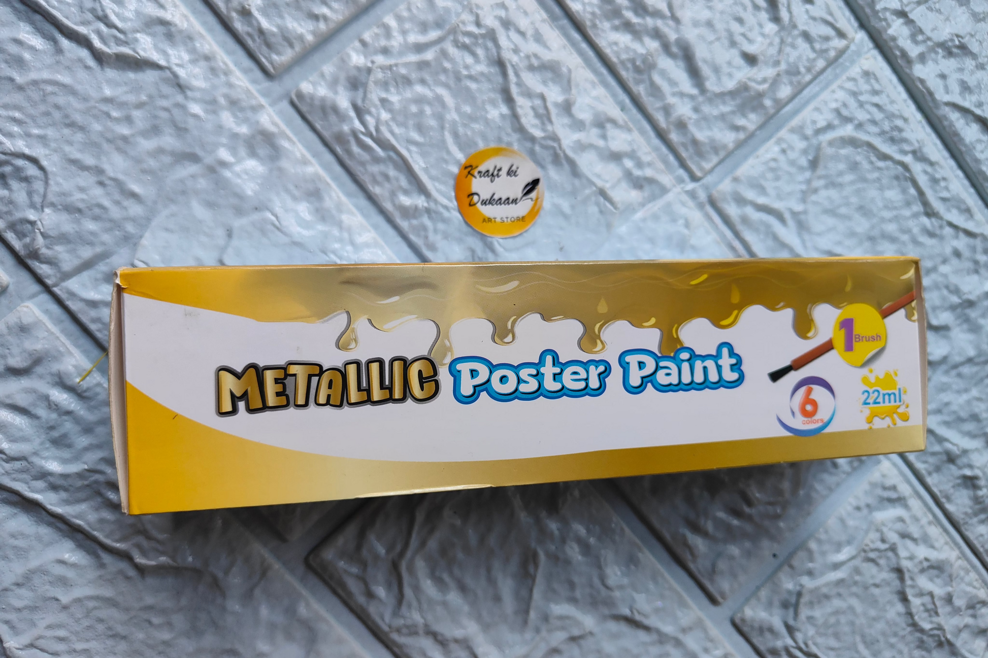 Kraft ki Dukaan metallic poster paint set featuring six vibrant colors in 22ml tubes