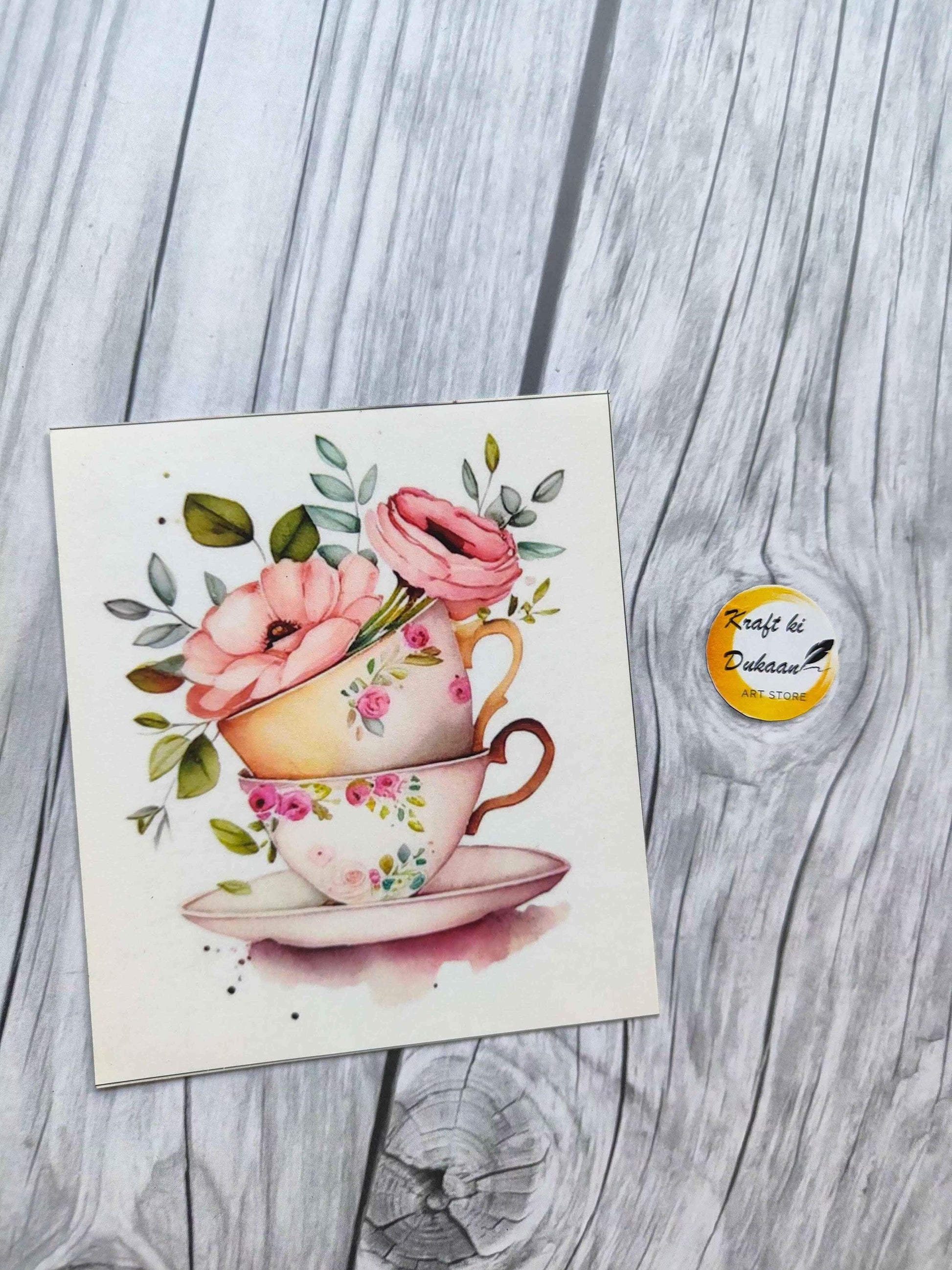 Mini colour sticker sheet: floral teacup with roses on a white sheet