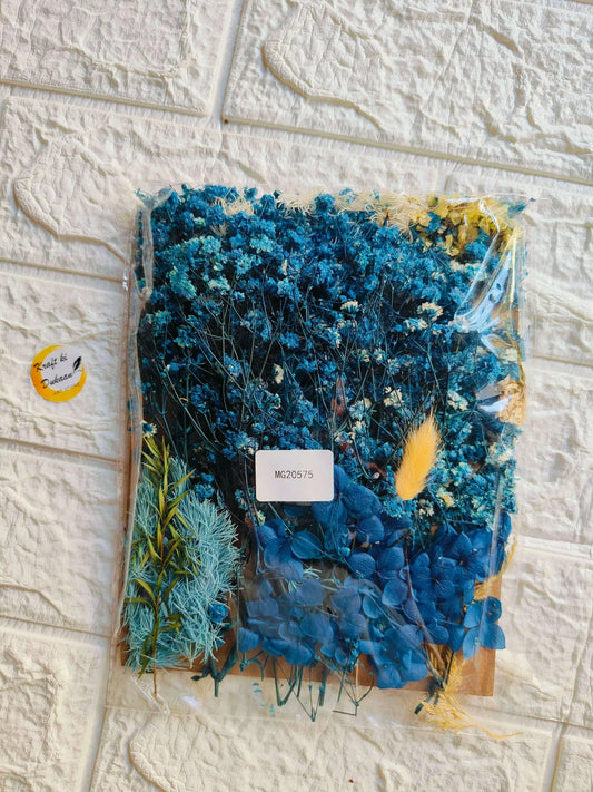 Mix Dry Flower Sheet Big A8 with blue dried flowers, assorted textures and stems