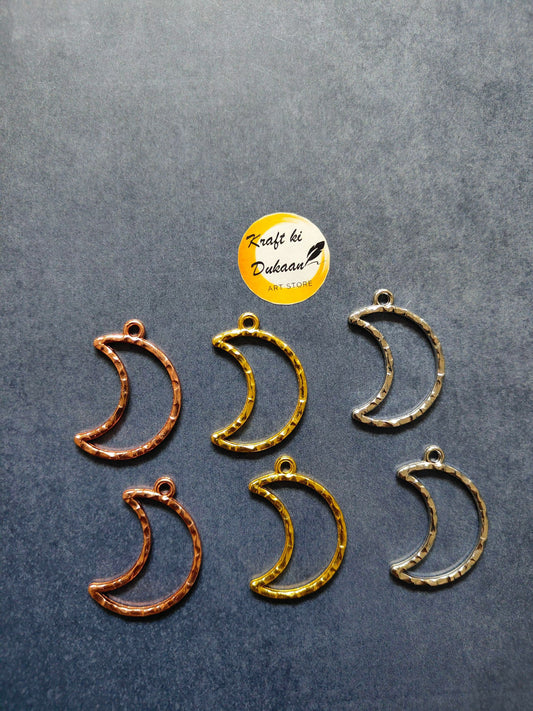 Designer half-moon bezel pendants set: rose-gold, gold, and silver half moons with loops