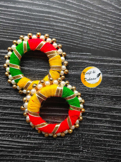2" round gota ring: red, yellow & green striped with pearl bead border—pack of 10