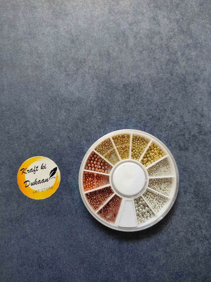 Nail art microbeads wheel with 12 compartments, mix of gold, white, copper & pink