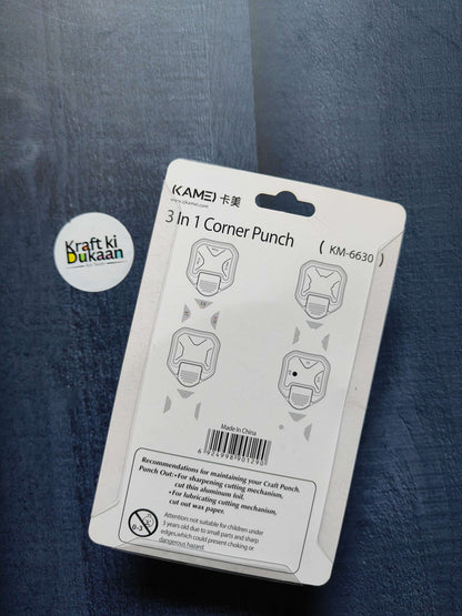 3 in 1 corner punch blister pack back, shows corner punch size icons and warnings