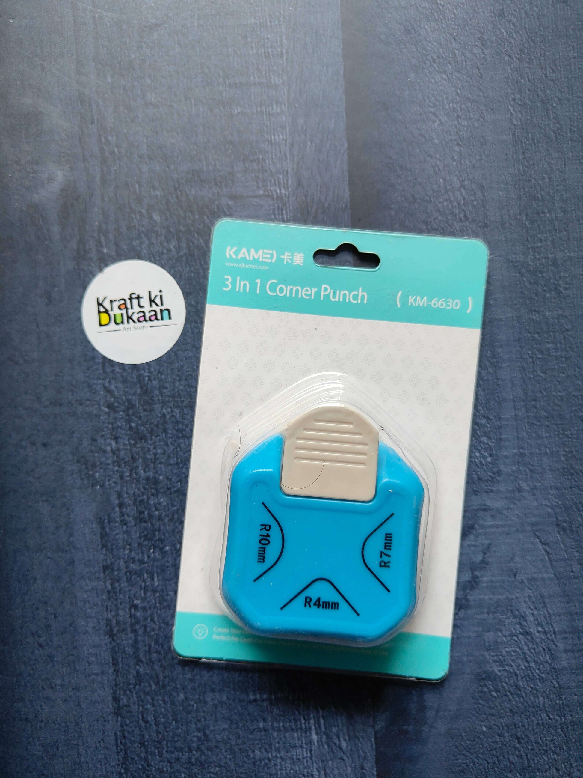 3 in 1 corner punch blister pack, blue tool with R10mm and R7mm markings