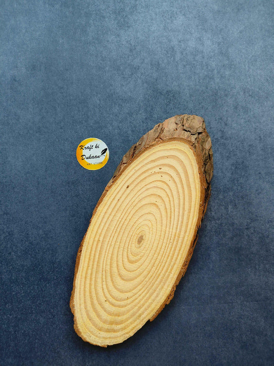 Oval wooden slice with visible concentric growth rings, light tan grain.