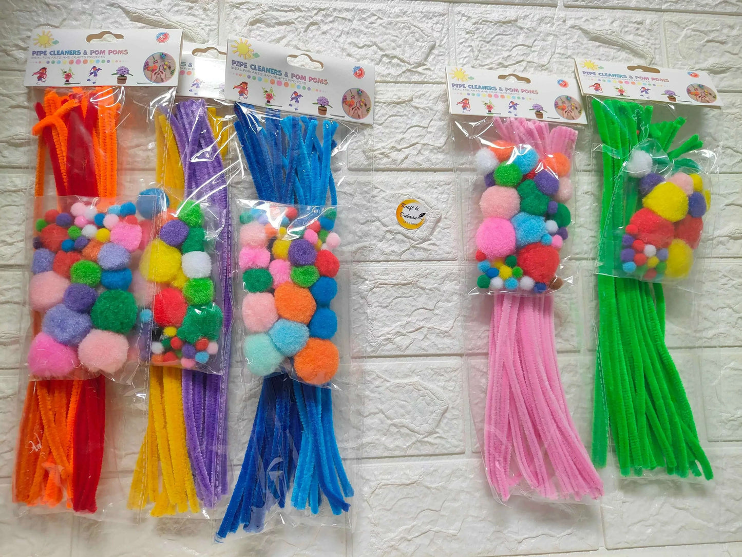 Pipe cleaners with pom pom balls, multicolor sets in sealed bags