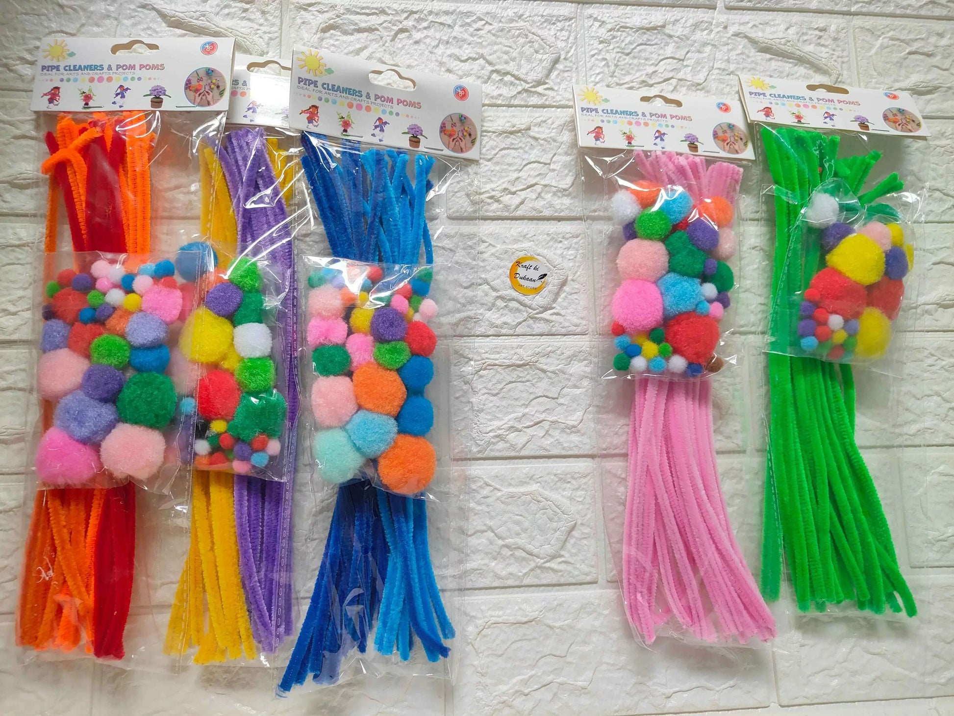 Pipe cleaners with pom pom balls, multicolor sets in sealed bags