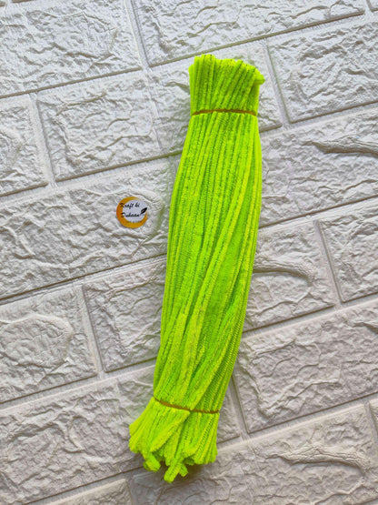 Pack of 100 plain pipe cleaners in neon yellow color, made of soft chenille for crafts and DIY projects