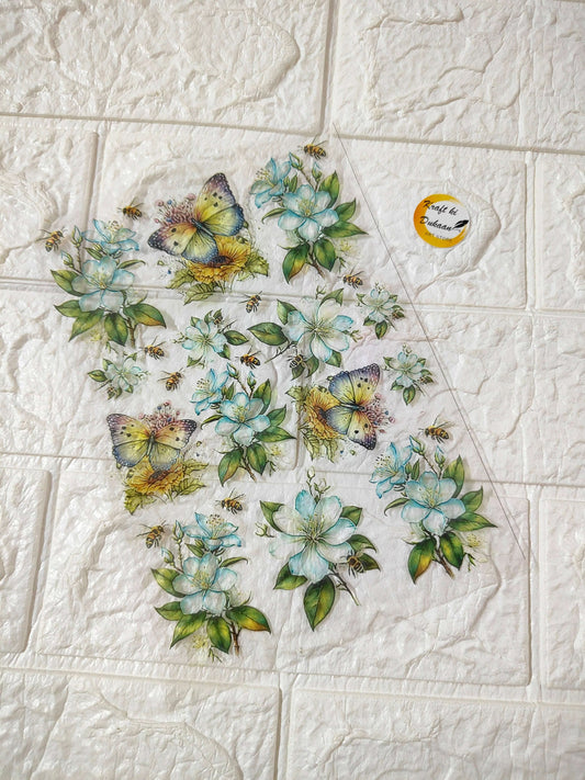 A5 insert sheet E8 with blue-green butterflies and floral print