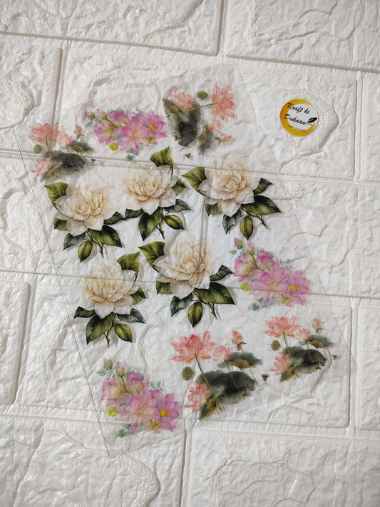 A5 floral insert sheet with cream roses, pink and purple blooms, and green leaves on white