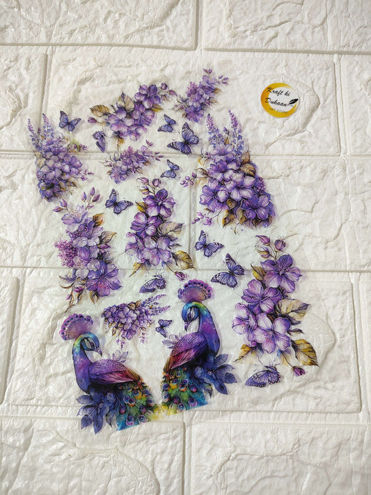 A5 Insert Sheet E15 with purple floral, butterflies and peacock birds