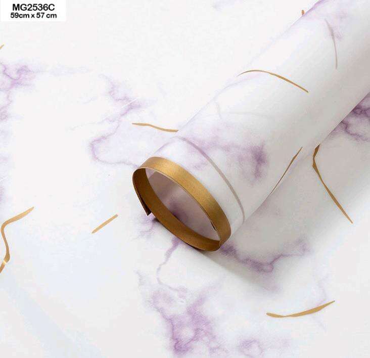 Wrapping paper plastic roll (59x57 cm), white/purple marble design with gold trim