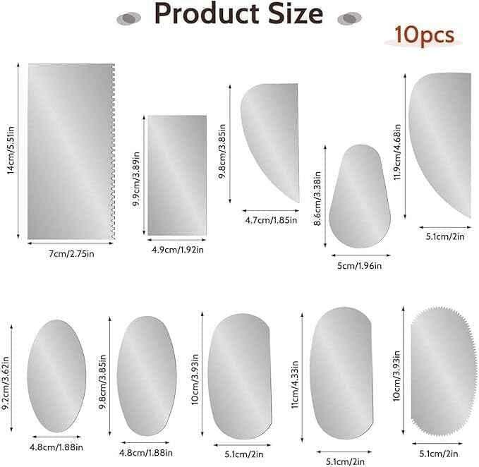 10-piece pottery clay steel scrapper tools size chart with blade dimensions