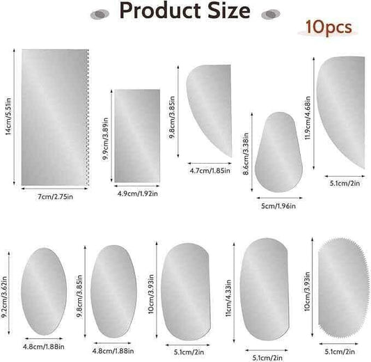 10-piece pottery clay steel scrapper tools size chart with blade dimensions