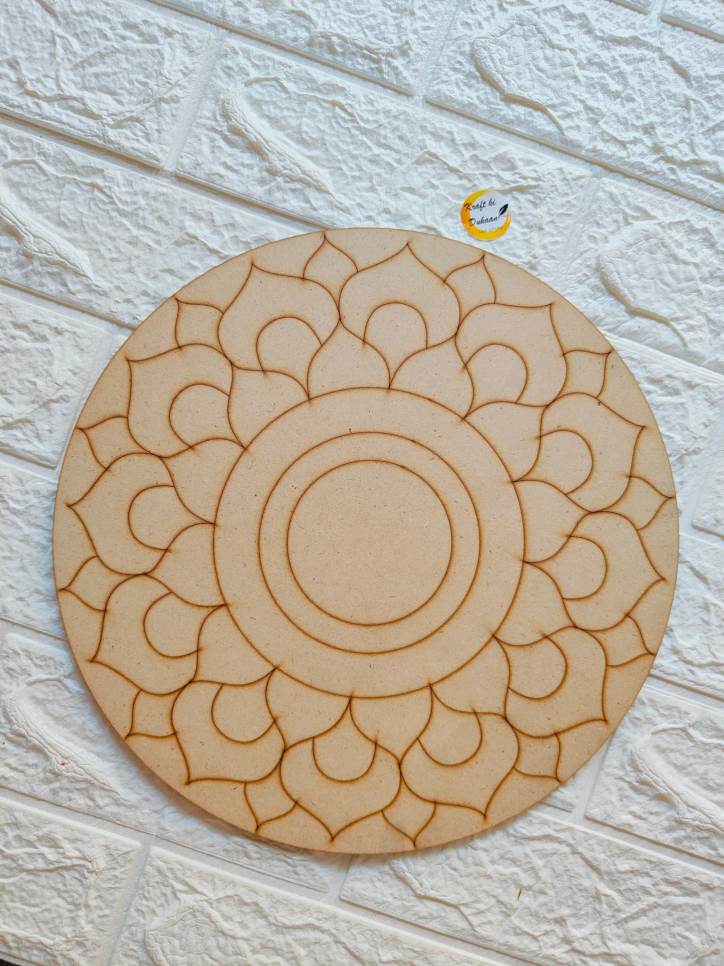 Round pre-marked MDF board for crafts with intricate floral design, perfect for creative projects