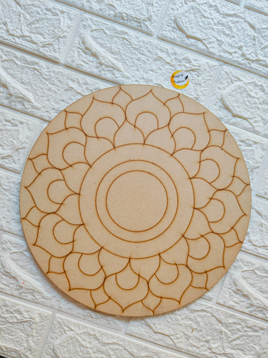 Round pre-marked MDF board for crafts with intricate floral design, perfect for creative projects