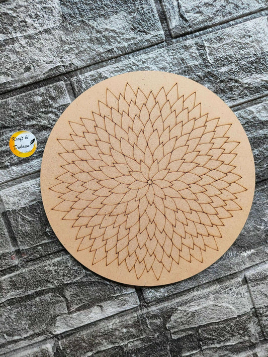 Pre-marked MDF round in light brown, 12-inch for resin art projects, featuring floral design