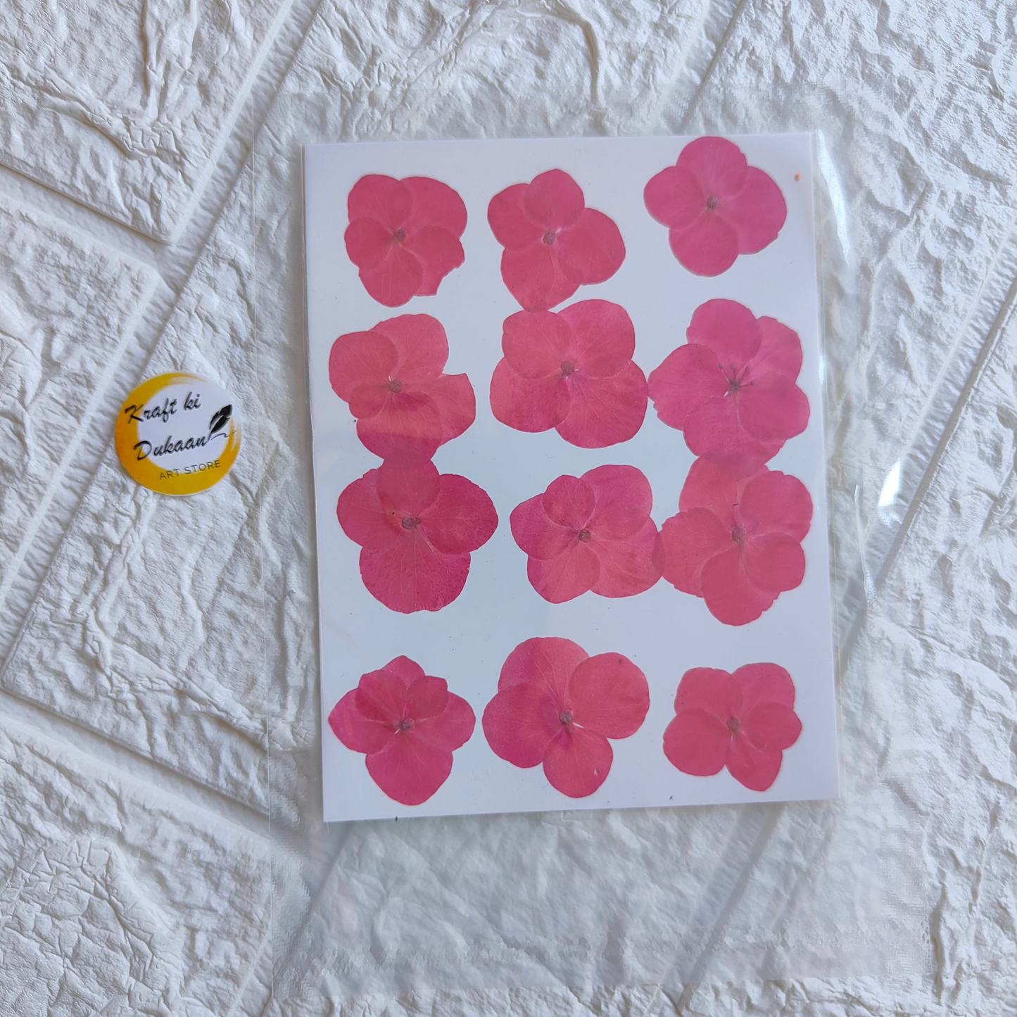 Pressed flower sheet for crafts featuring vibrant pink flowers on a white background