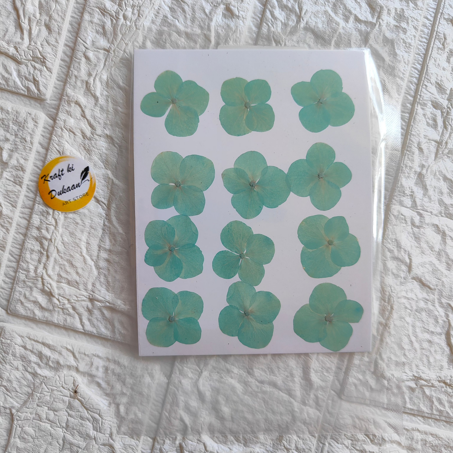 Pressed flower sheet for crafts featuring vibrant blue flowers on a white background