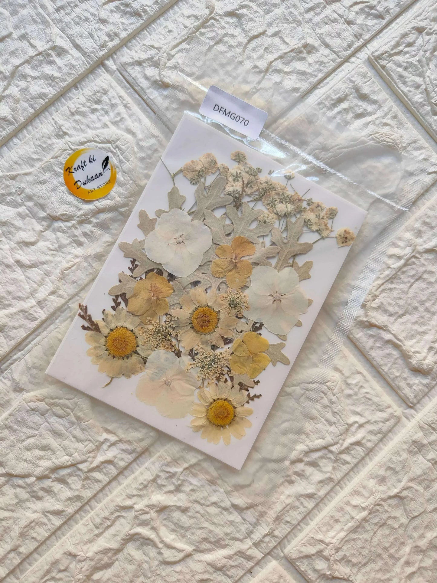 Pressed Flower Sheet Mix B14 with beige, cream, and yellow dried flowers on a sheet